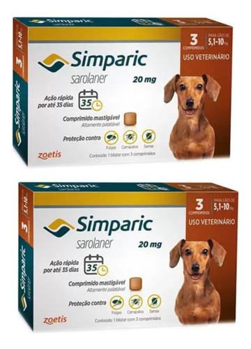 02 Antipulgas Cães Simparic 20mg De 5,1-10kg 3 Comprimidos