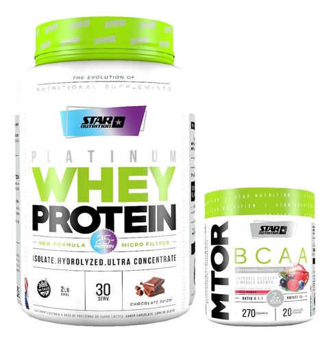 Proteina Whey Star Nutrition 2 Lb + Mtor 270 Gr Sabor Chocolate Suizo + Fruit Punch
