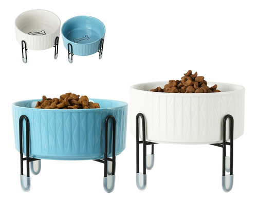 Juego Tazones Elevados 32 Oz Gatos Perros 6.5 Blanco Azul