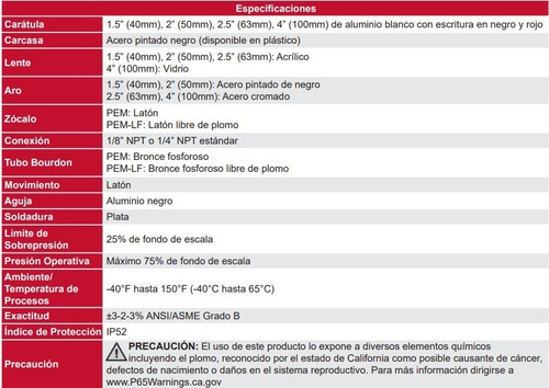 Manómetro Winters Pem Caja 100mm Economico R1/2 Rangos +70kg