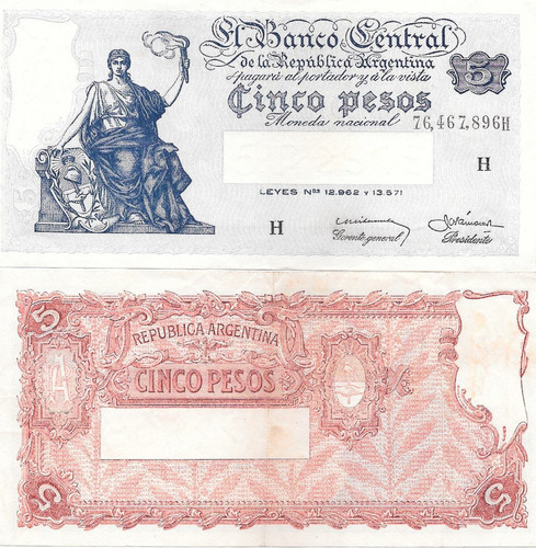 Billete 5 Pesos Progreso Bottero 1876 Año 1959 Excelente!!!!