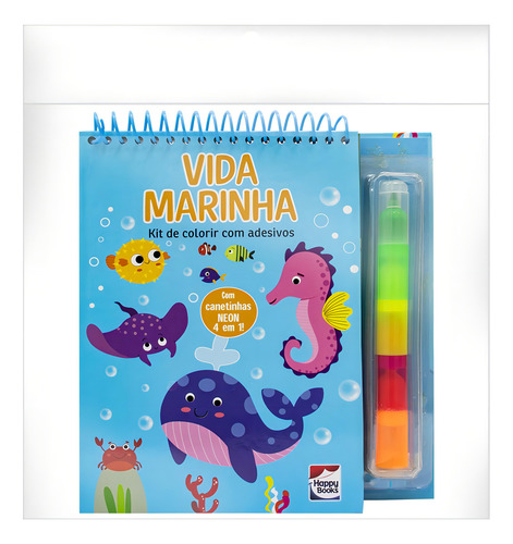 Livrinho 4 Em 1: Vida Marinha: Kit De Colorir Com Adesivos, De Koral Books., Vol. 1. Editorial Happy Books, Capa Mole, Edição 1 Em Português, 2024