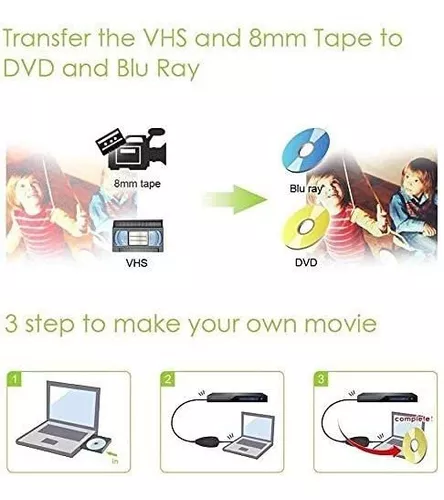  VHS al convertidor de DVD digital, USB2.0 dispositivo adaptador  de captura de audio/video de USB2.0, transfiera VCR TV Hi8 Game S video a  DVD, compatible con Windows 10/8.1/8/7/Vista/XP : Electrónica
