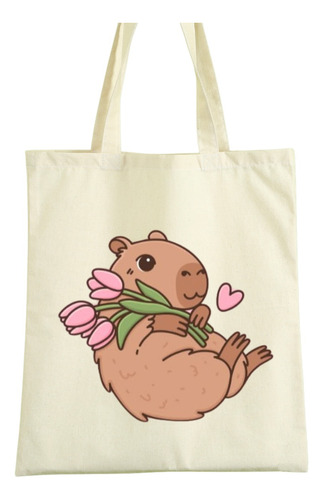 Tote Bag Tela - Estampado De Capibara - Tulipán 40x35cm Beige Capibara Con Flores
