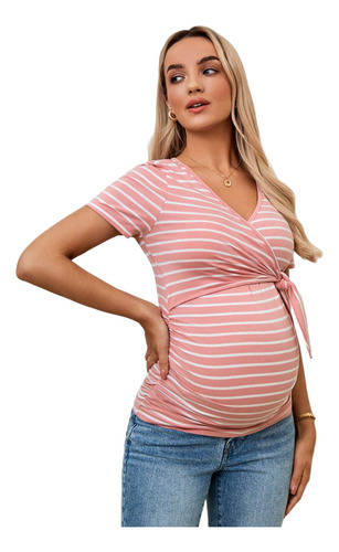Blusa Camiseta De Maternidad Y Lactancia Rosa Rayas Algodón