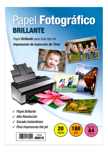 Papel Fotográfico Brillante A4 180 Grs. 20 Hojas Adetec