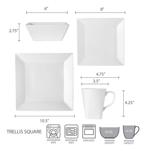 Juego De Vajilla Trellis White Square De 16 Piezas, Servicio