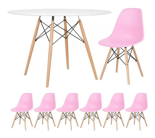Conjunto Jantar Eames Eiffel 6 Lugares Mesa 120cm 6 Cadeiras Cor da tampa Mesa branco com cadeiras rosa
