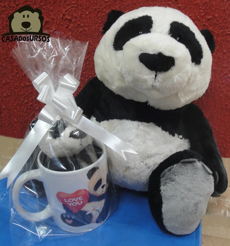 Caneca Porcelana Cute + Ursinhos Pelúcia Panda 35cm + 15cm