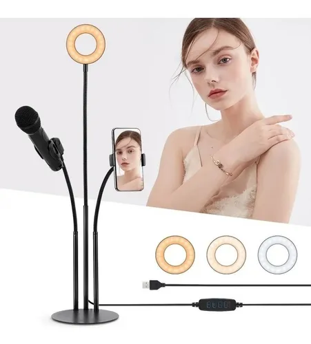 Aro Luz Led Selfie Foto Soporte Celular Microfono 3 En 1