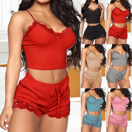 A Conjunto De Pijama Mujer Con Tirantes Y Cortos Encaje Sexy