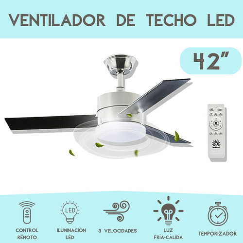 Pack De 3 Ventiladores De Techo Con Iluminación Led Luz Fría Y Cálida Temporizador 3 Velocidades Control Remoto