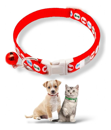 Collar Ajustable Con Cascabel Para Perro Gato Mascotas Hueso Color Rojo Huesos Tamaño del collar S