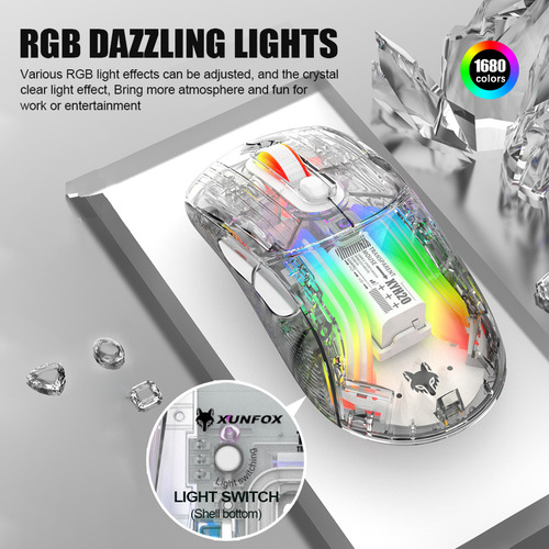 Ratón Inalámbrico Rgb Transparente De 3 Modos Bt5.0 Para Jue