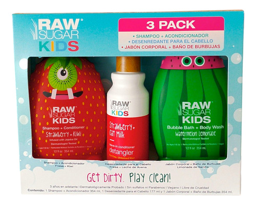 Pack 3 Raw Sugar Kids Shampoo+acondicionador fresa+kiwi 354ml + desenredante para cabello fresa + leche de avena 177ml + jabón corporal limonada de sandia 354 ml