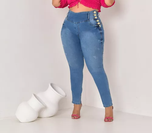 Calça Jeans Feminina Plus Size 10 Botões Modeladora Lipo Top