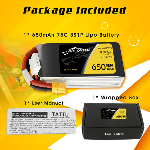 Batería Lipo Tattu, 650 Mah, 11,1 V, 75c 3s, Paquete De Baterías Con Conector Xt30 Para Fpv Multirotor De Tamaño 90 A 180 Torrent 110 Lizard 95 (ta-75c-650-3s1p-xt30)