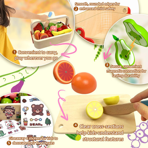 Juego Cocina Niños Madera, Frutas Corte Simulación, Cesta Al