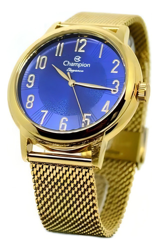 Relógio Champion Feminino S-line Cn21014a Dourado Fundo Azul