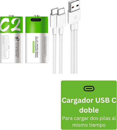 Paquete De 2 Pilas C Oxyglow Recargables Usb C 5600mwh 1.5v Carga Rápida Alta Duración Ideales Para Juguetes, Linternas (verde)