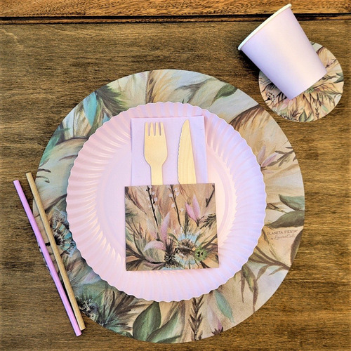Set Plato De Sitio De Papel + Porta Cubierto + Posavasos 20u Pampa Nuestra