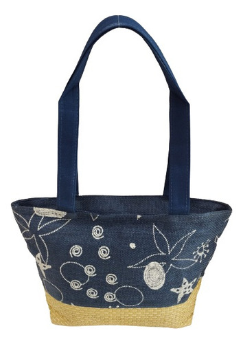 Bolsa De Praia E Piscina Estilo Palha Alça Tecido Cor Azul-escuro / Estrela E Concha