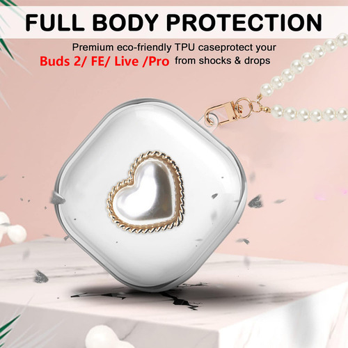 USDILU Funda Case Para Samsung Galaxy Buds Fe / 2/ live / 2 Pro Con Pulsera Joyería Uso Carcasa Silicona Mujer Niñas Color Transparente Con Llavero Soporte Cover Espesamiento