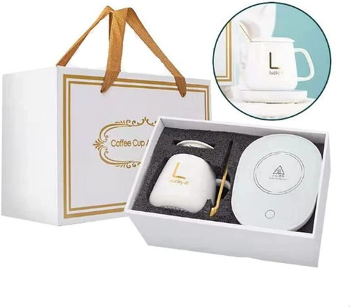 Taza Con Tapa Y Con Calentador Eléctrico Y Cuchara Color Blanco