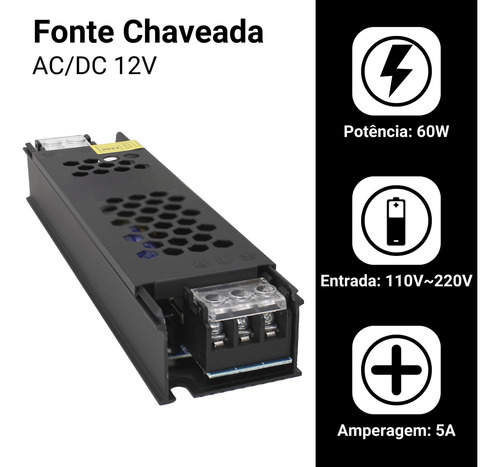 Kit 3 Fonte Chaveada 5a 60w 12v P/ Fita Led Som Capa Preta