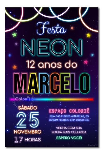 Convite Digital Neon: Fundo Estrelado Com Neon + Brinde