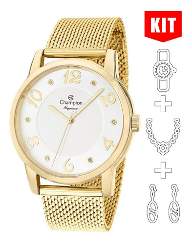 Relógio Champion Kit Feminino Branco Dourado Strass Cn26117b