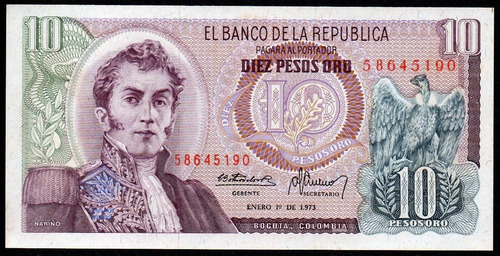 Billete Colombia 10 Pesos 1 Enero 1973