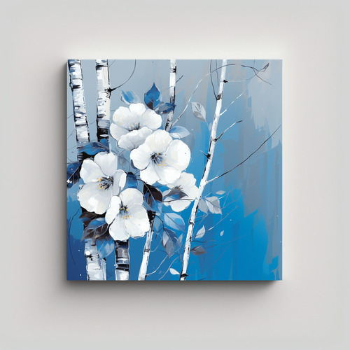 40x40cm Cuadro Árbol De Abedul Blanco Y Azul Bastidor Mader