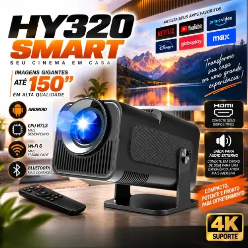 Projetor HY320 Smart TV CPU H713 WiFi 6 4K Android 2026 VLX Full HD 390 ANSI Bluetooth 5.0 180° Tela Grande 150 Polegadas HDMI USB Bivolt Cinema em Casa Filmes Séries Jogos Portáti
