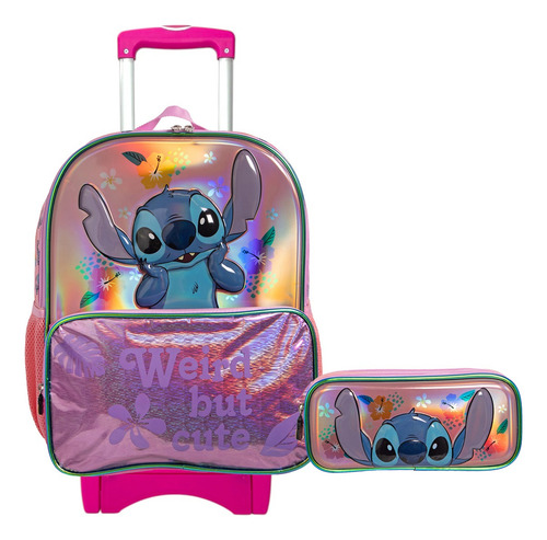 Kit Mochila Stitch Lapicera Original Ruz Primaria 967 Ruedas Rosa Rosa