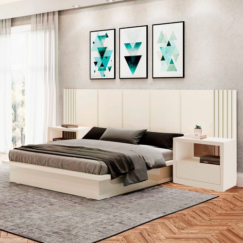 Kit Quarto Cama King + 2 Mesa De Cabeceira + Cabeceira Cor Off White