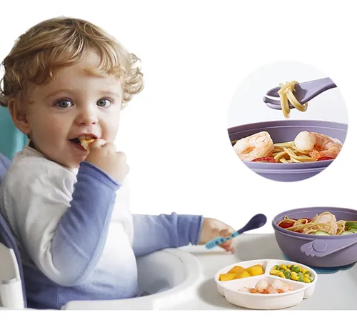Plato Con Chupa Para Bebes +cuchara +tenedor Silicona Y Tapa