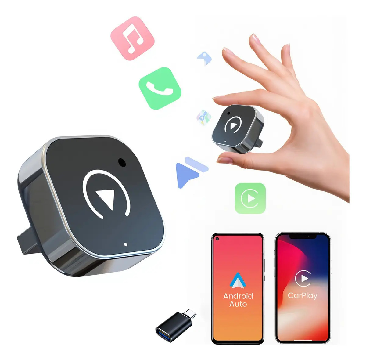 Adaptador Inalámbrico para CarPlay y Android Auto, de USB-A a USB-C/A
