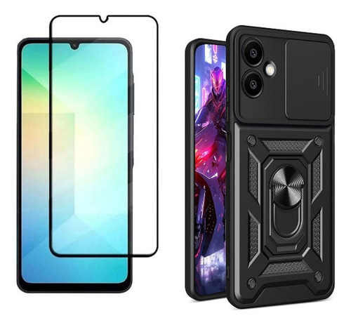 Funda Ring Cubre Cámara + Templado Compatible Cn Samsung A06 Negro Reforzada Anillo V3