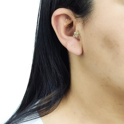 Piercing De Orelha Ou Tragus De Ouro 18k Bolinha e Três Zircônia