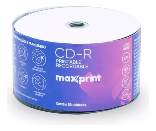 Cd Maxprint Printable Tubo 50un 700mb 80min Vel 52x Branco Imprimir