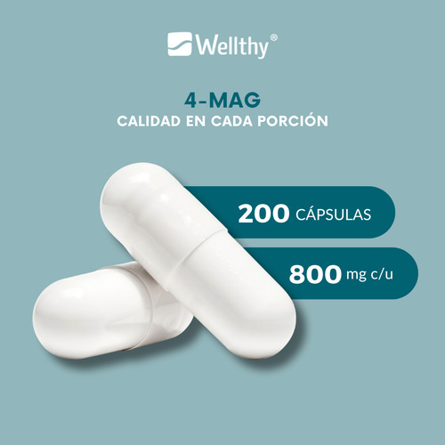 4-mag 200 Cápsulas Wellthy Mezcla De Magnesio, 100 Porciones Sin Sabor