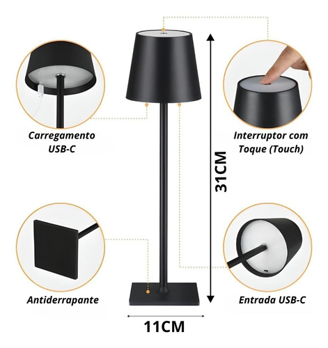 Luminaria Abajur Mesa Led Dimerizavel Sem Fio Recarregavel