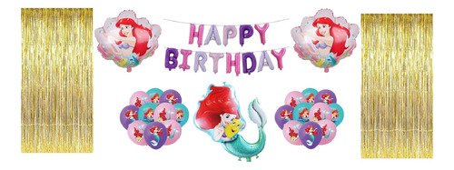 Kit De Globos Happy Birthday Jumbo Sirenita Ariel Multicolor