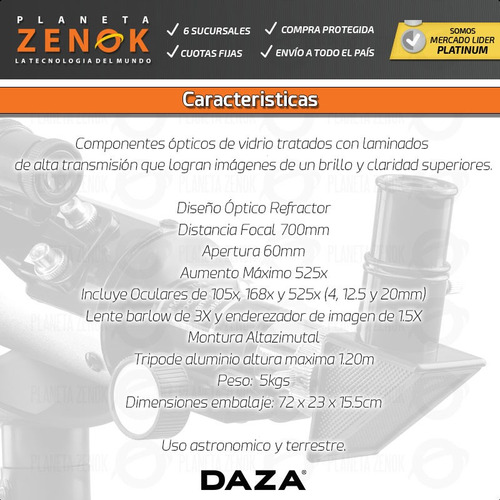 Imagen 6 de 8 de Telescopio Refractor Daza Aluminio Lentes Terrestre Y Lunar