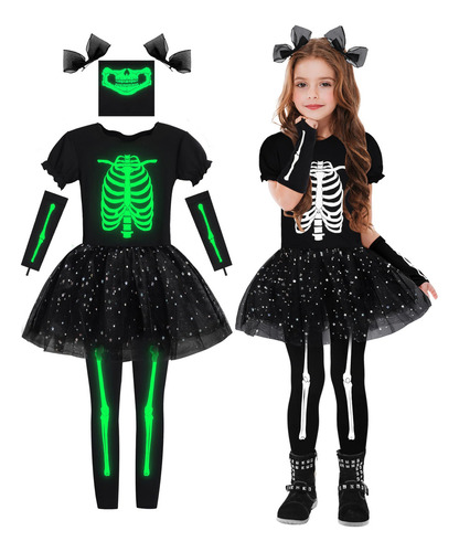 Disfraz De Esqueleto De Halloween Para Niñas Que Brillan En