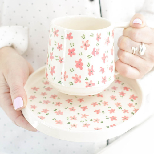 Juego De Cerámica Taza Y Plato Florcitas Rojas