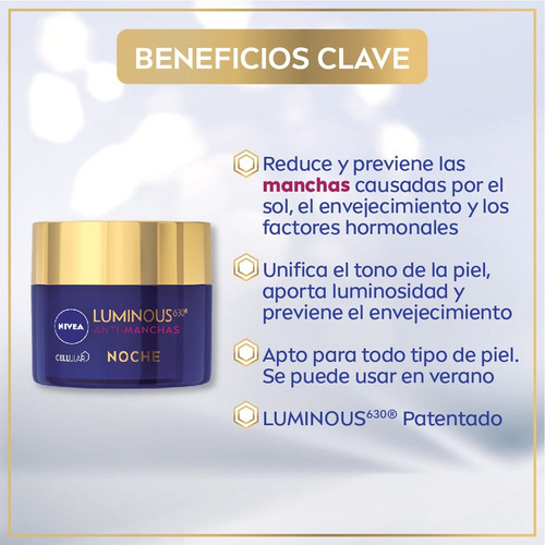 Imagen 4 de 6 de Antimanchas Crema de Noche Reparadora Nivea Luminous630 para todo tipo de piel de 50mL
