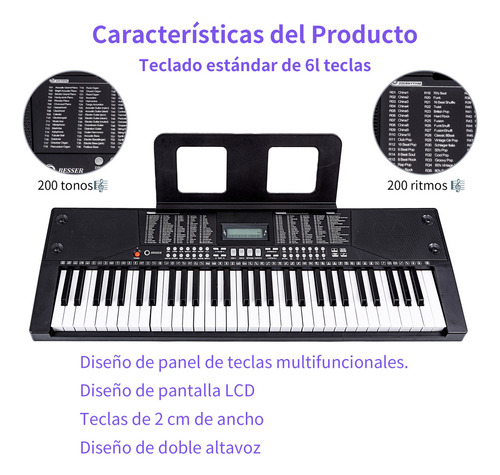 Besser Teclado 61 Teclas Bluetooth Midi Piano Electrónico con Sensibilidad al Tacto 200 Tonos y Ritmos Modo Doble Altavoces Estéreo Portátil Compatible con App y Usb Negro
