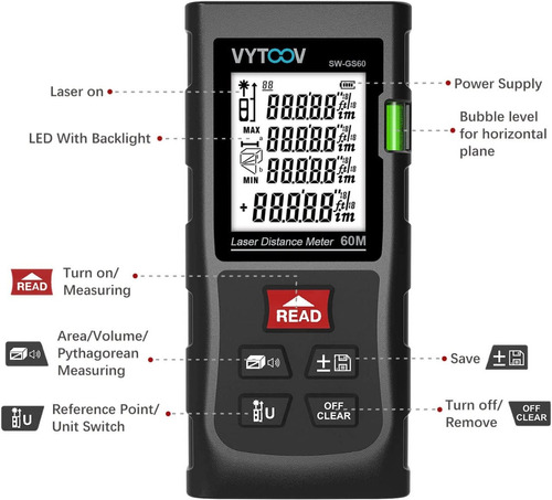 Medidor Laser  Distancia 60 Mts Área Y Volumen Cinta Metrica